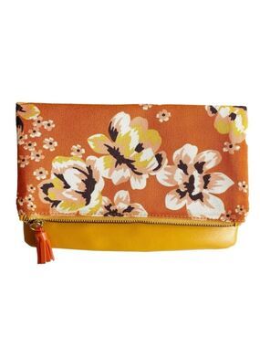Rachel Pally Reversible Floral Canvas Foldover Clutch Yellow Vegan Leather OS